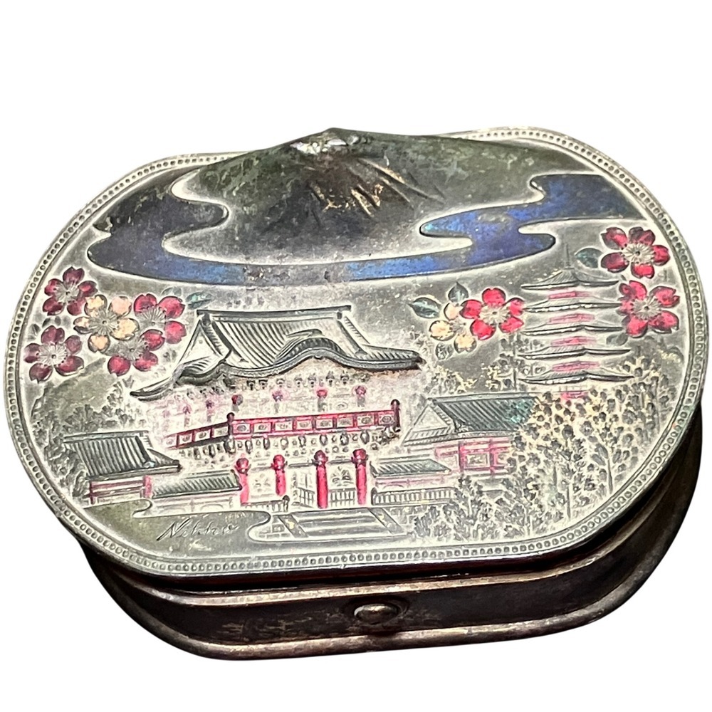Vintage Japan Fuji Pagoda Trinket Scenic Keepsake Box Small Silver Oval Hinged - Picture 4 of 7